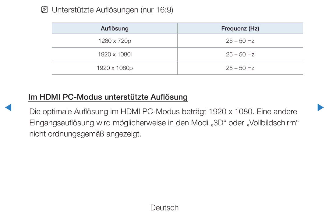 Samsung UE55D8000YSXZF, UE40D8000YSXXH, UE40D7000LSXXH, UE40D8090YSXZG, UE46D7000LSXTK manual NN Unterstützte Auflösungen nur 