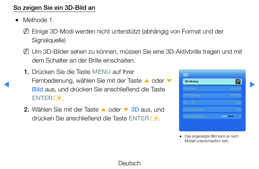 Samsung UE60D8000YSXZF, UE40D8000YSXXH, UE40D7000LSXXH, UE40D8090YSXZG 3D-Modus 3D-Effekt Manuell Wechsel Bild 3D → 2D Aus 