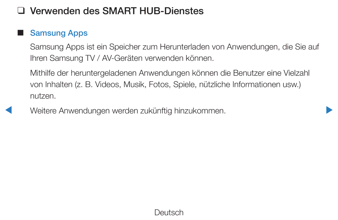 Samsung UE55D8000YSXXC Verwenden des Smart HUB-Dienstes, Samsung Apps, Ihren Samsung TV / AV-Geräten verwenden können 