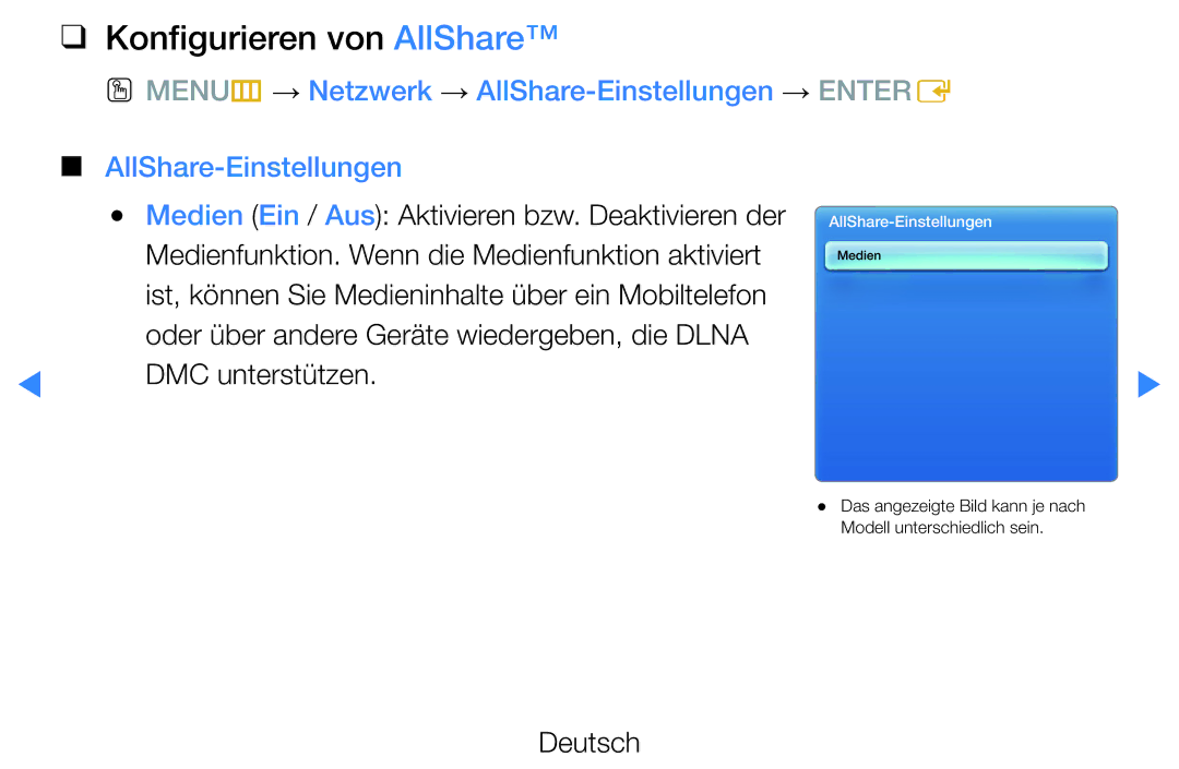 Samsung UE55D7000LSXXN manual Konfigurieren von AllShare, Oder über andere Geräte wiedergeben, die Dlna, DMC unterstützen 