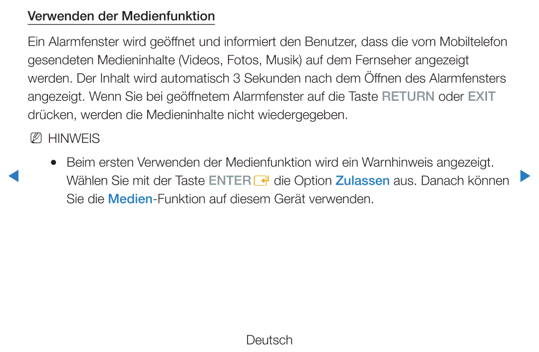 Samsung UE46D7090LSXZG manual Verwenden der Medienfunktion, Sie die Medien-Funktion auf diesem Gerät verwenden Deutsch 
