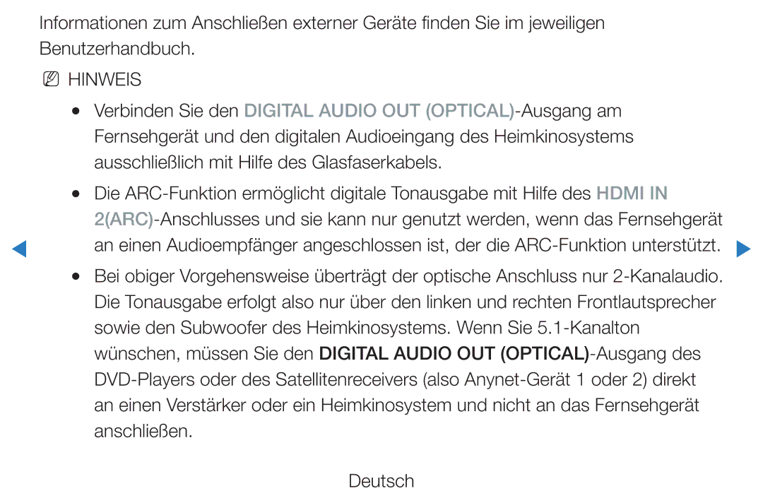 Samsung UE40D7000LSXXN, UE40D8000YSXXH, UE40D7000LSXXH Verbinden Sie den Digital Audio OUT OPTICAL-Ausgang am, Anschließen 