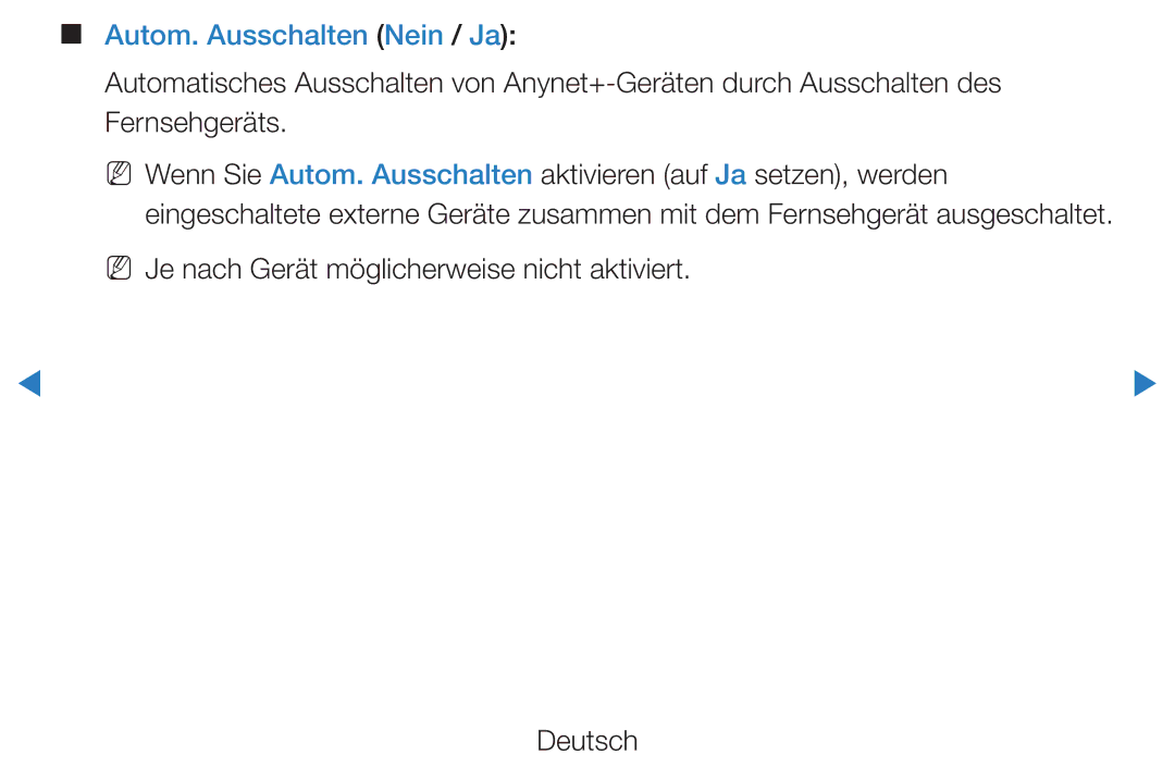 Samsung UE55D8000YSXXC manual Autom. Ausschalten Nein / Ja, NN Je nach Gerät möglicherweise nicht aktiviert Deutsch 