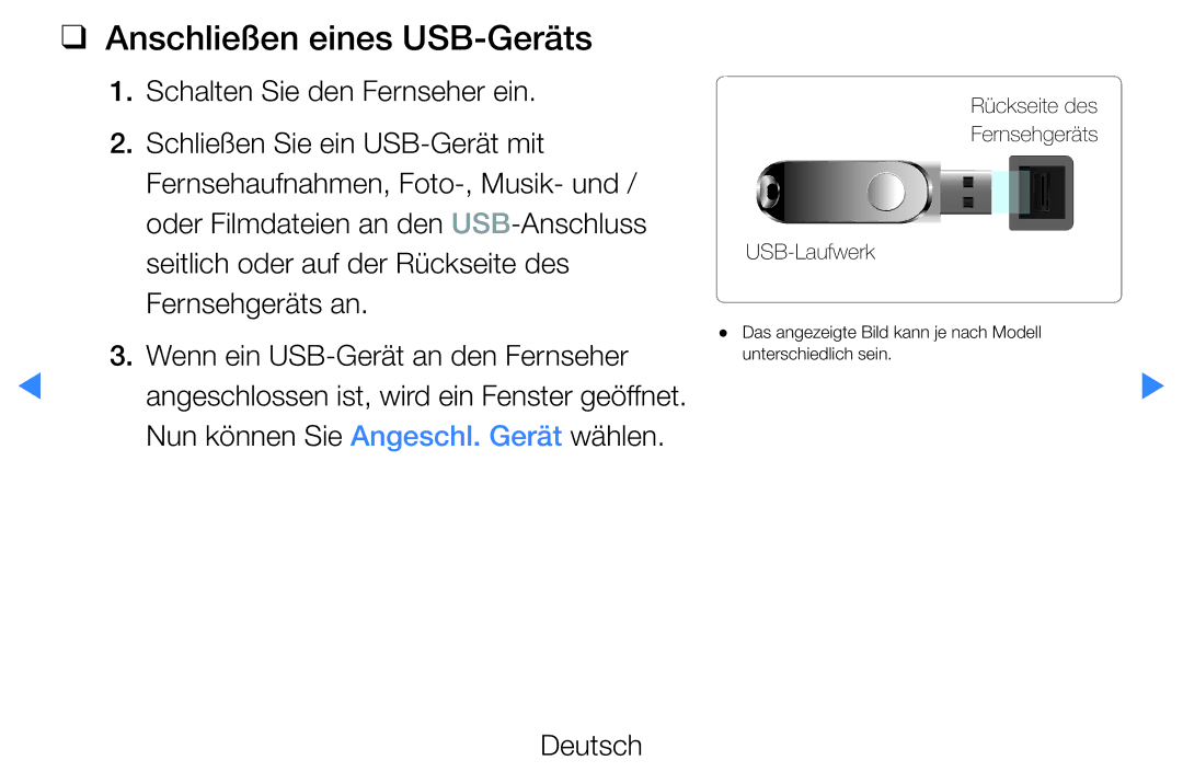 Samsung UE46D7000LSXXC, UE40D8000YSXXH, UE40D7000LSXXH, UE40D8090YSXZG, UE46D7000LSXTK manual Anschließen eines USB-Geräts 