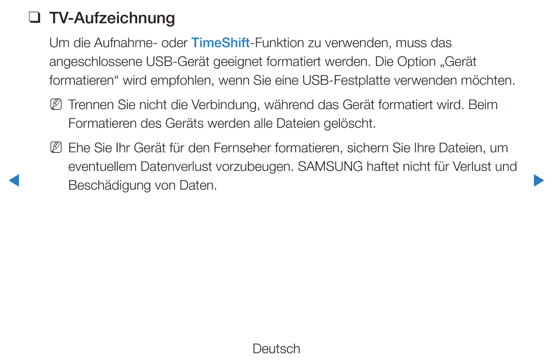 Samsung UE40D8000YSXXH, UE40D7000LSXXH, UE40D8090YSXZG, UE46D7000LSXTK manual TV-Aufzeichnung, Beschädigung von Daten 
