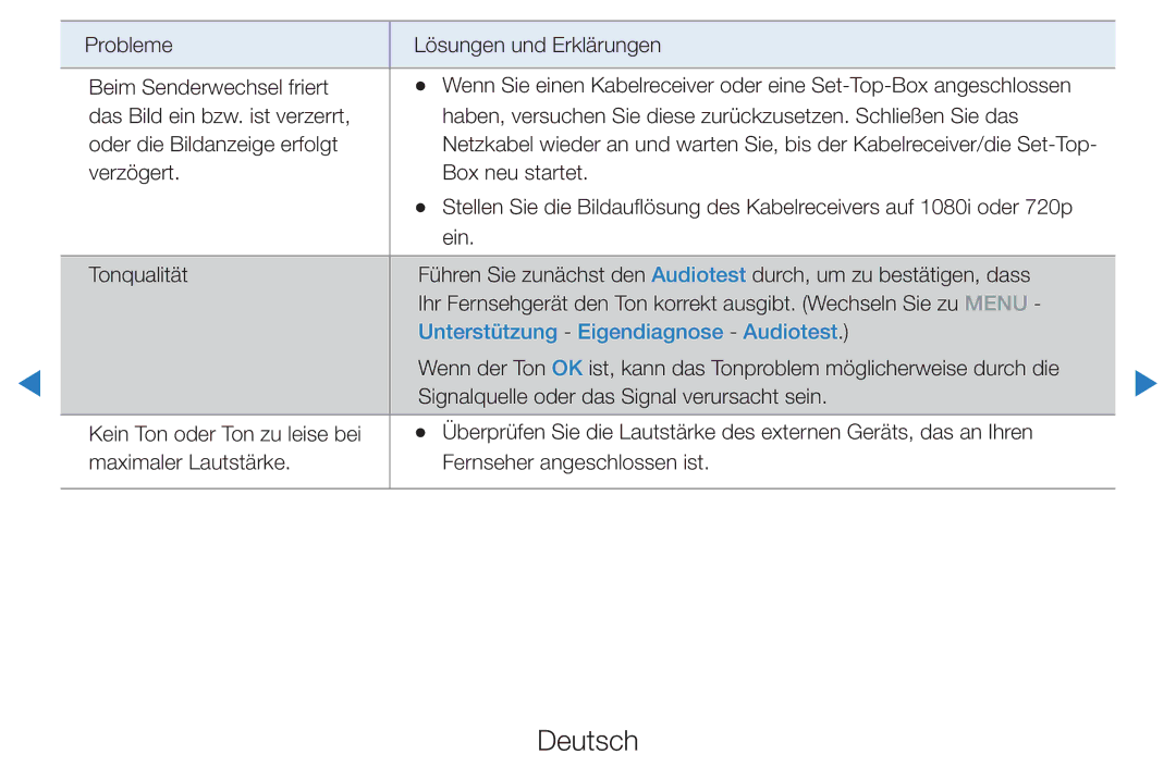 Samsung UE46D8090YSXZG, UE40D8000YSXXH, UE40D7000LSXXH, UE40D8090YSXZG, UE46D7000LSXTK Unterstützung Eigendiagnose Audiotest 