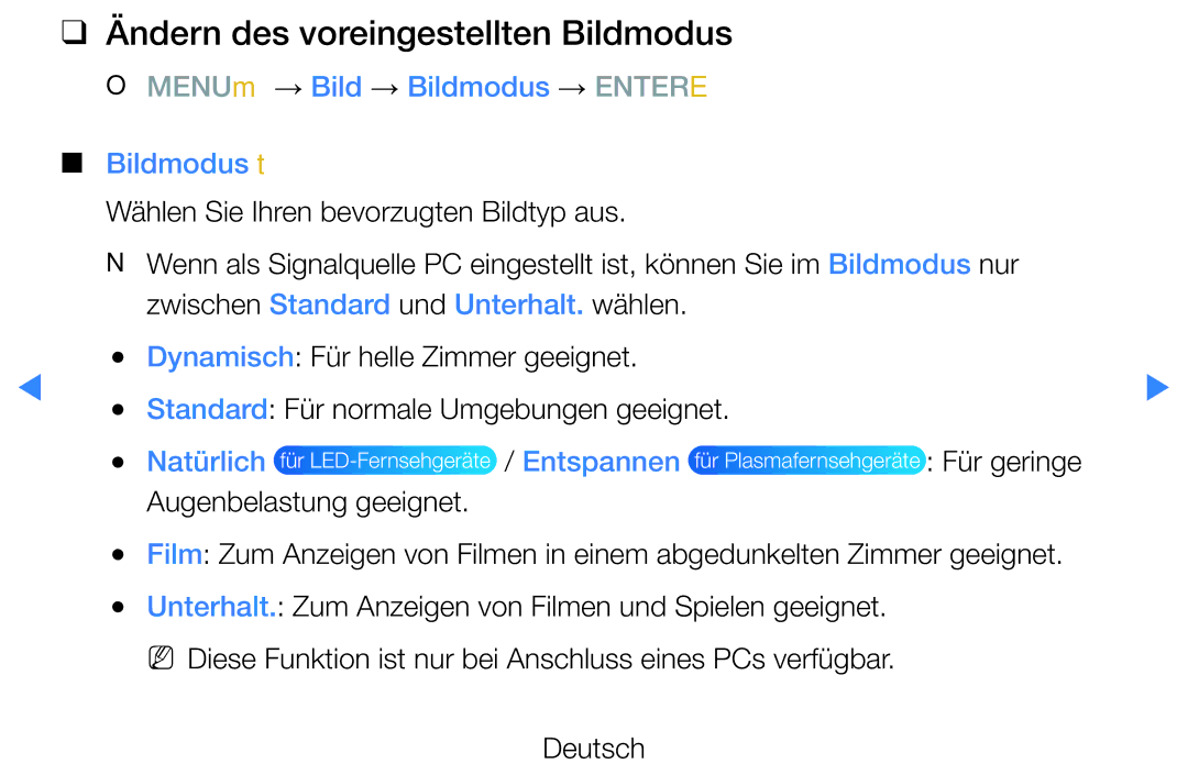 Samsung UE55D8000YSXXH manual Ändern des voreingestellten Bildmodus, OO MENUm → Bild → Bildmodus → Entere Bildmodus t 