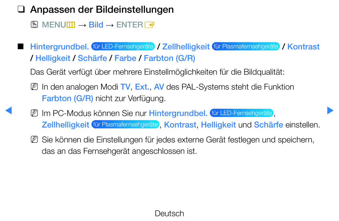 Samsung UE55D7000LSXXH, UE40D8000YSXXH manual Anpassen der Bildeinstellungen, Helligkeit / Schärfe / Farbe / Farbton G/R 