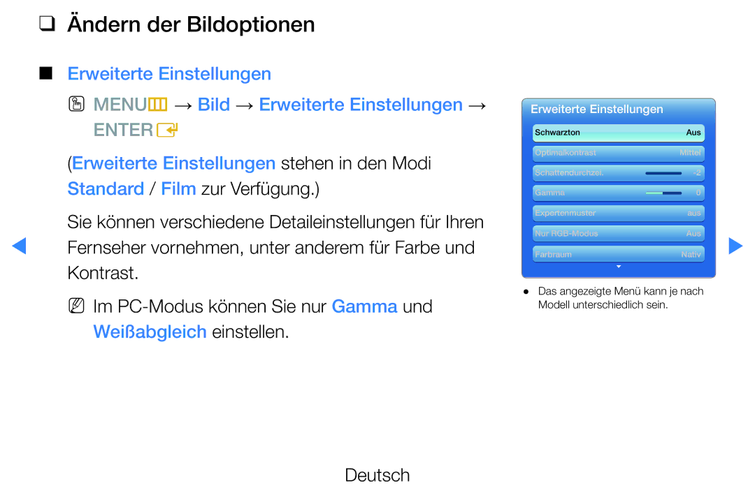 Samsung UE55D7090LSXZG, UE40D8000YSXXH, UE40D7000LSXXH, UE40D8090YSXZG Ändern der Bildoptionen, Erweiterte Einstellungen 