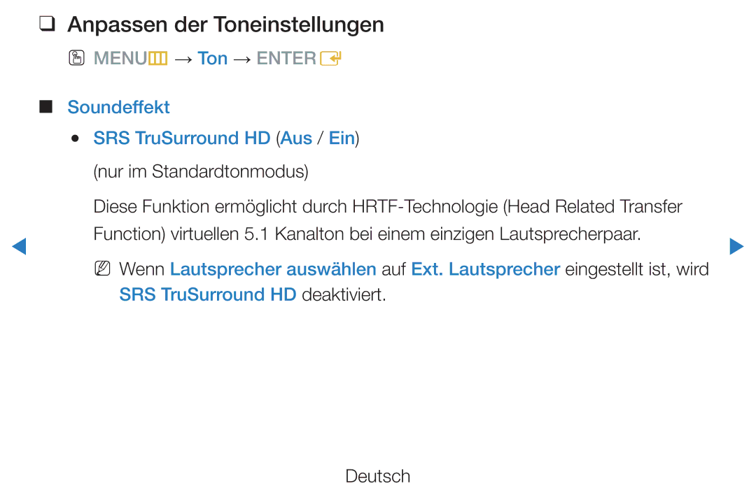 Samsung UE46D7000LSXTK, UE40D8000YSXXH manual Anpassen der Toneinstellungen, Soundeffekt SRS TruSurround HD Aus / Ein 