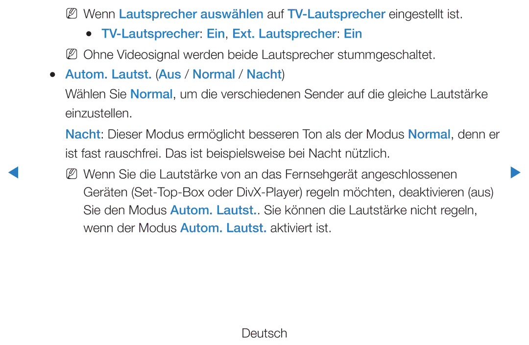 Samsung UE60D8000YSXXN, UE40D8000YSXXH, UE40D7000LSXXH, UE40D8090YSXZG Autom. Lautst. Aus / Normal / Nacht, Einzustellen 