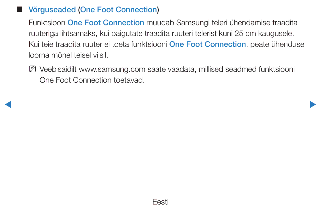 Samsung UE40D7000LSXXH, UE40D8000YSXXH, UE46D7000LSXXH, UE55D8000YSXXH, UE55D7000LSXXH manual Võrguseaded One Foot Connection 