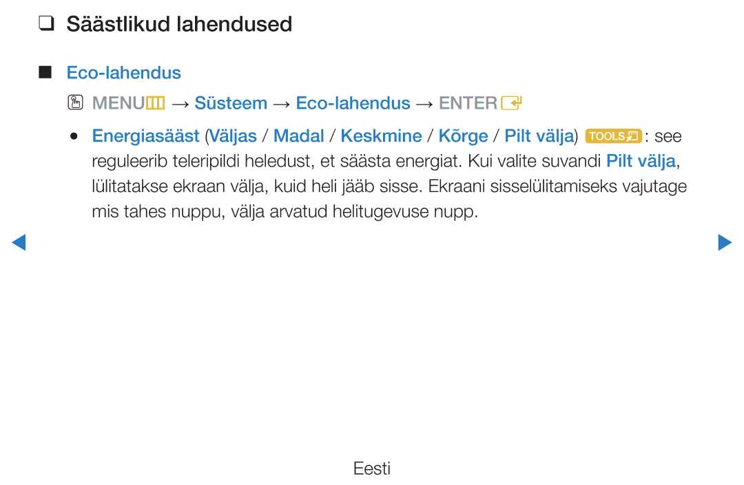 Samsung UE55D8000YSXXH, UE40D8000YSXXH manual Säästlikud lahendused, Eco-lahendus OO MENUm → Süsteem → Eco-lahendus → Entere 