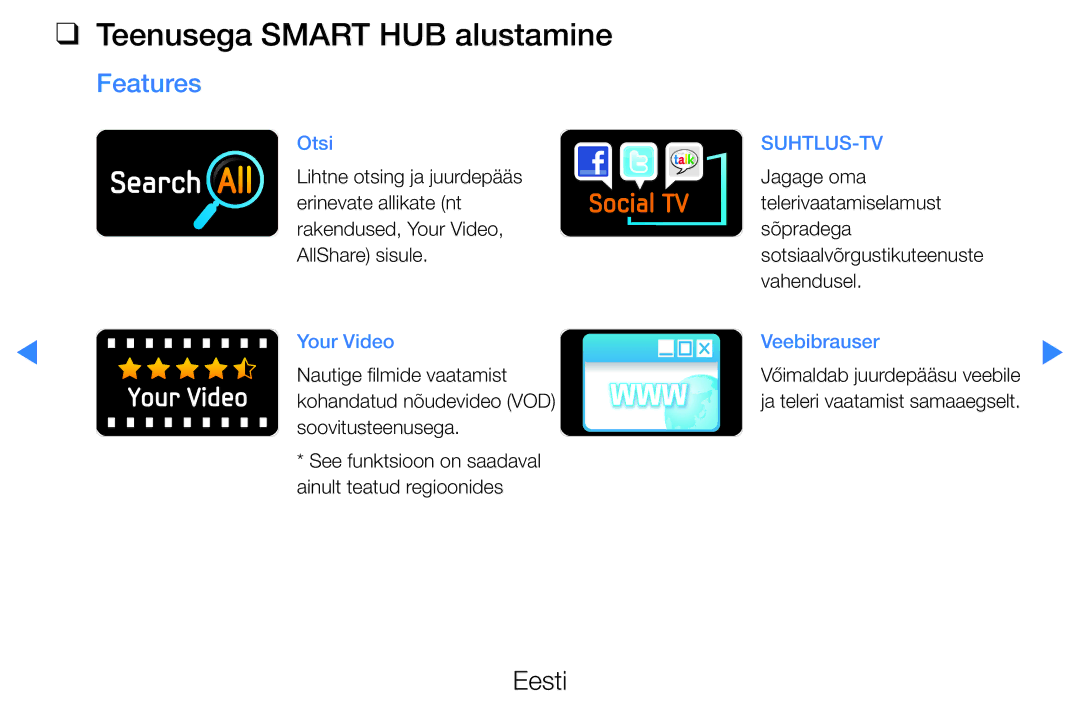 Samsung UE46D7000LSXXH, UE40D8000YSXXH, UE40D7000LSXXH, UE55D8000YSXXH manual Teenusega Smart HUB alustamine, Features 