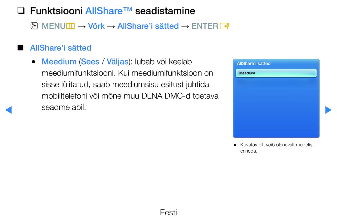 Samsung UE40D8000YSXXH manual Funktsiooni AllShare seadistamine, OO MENUm → Võrk → AllShare’i sätted → Entere, Seadme abil 