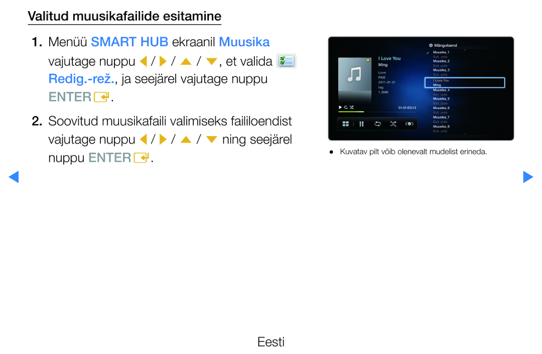 Samsung UE60D8000YSXXH, UE40D8000YSXXH, UE40D7000LSXXH Valitud muusikafailide esitamine, Menüü Smart HUB ekraanil Muusika 