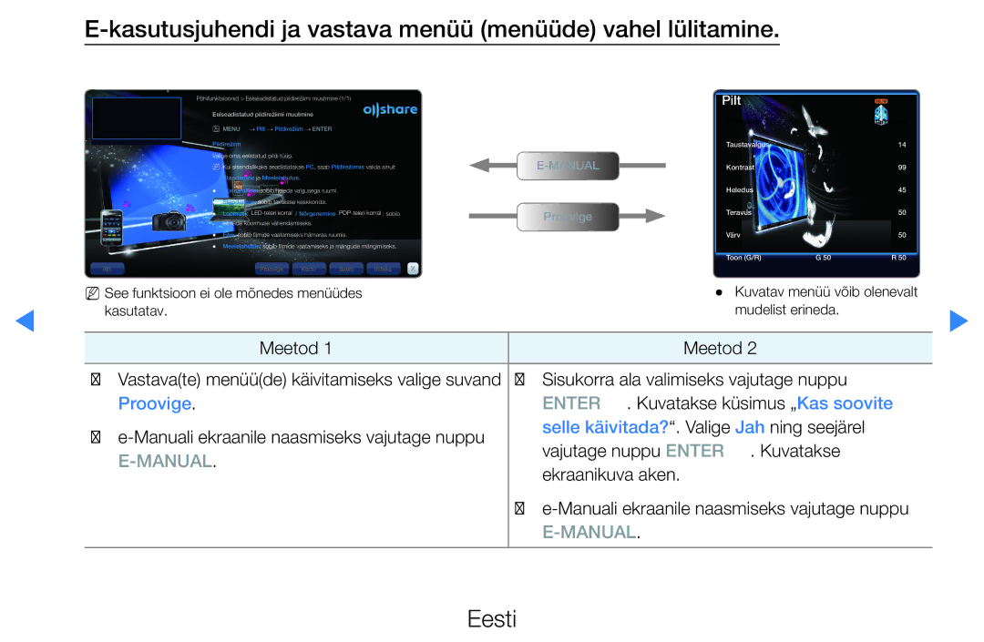 Samsung UE55D8090YSXZG manual Kasutusjuhendi ja vastava menüü menüüde vahel lülitamine, Valige oma eelistatud pildi tüüp 