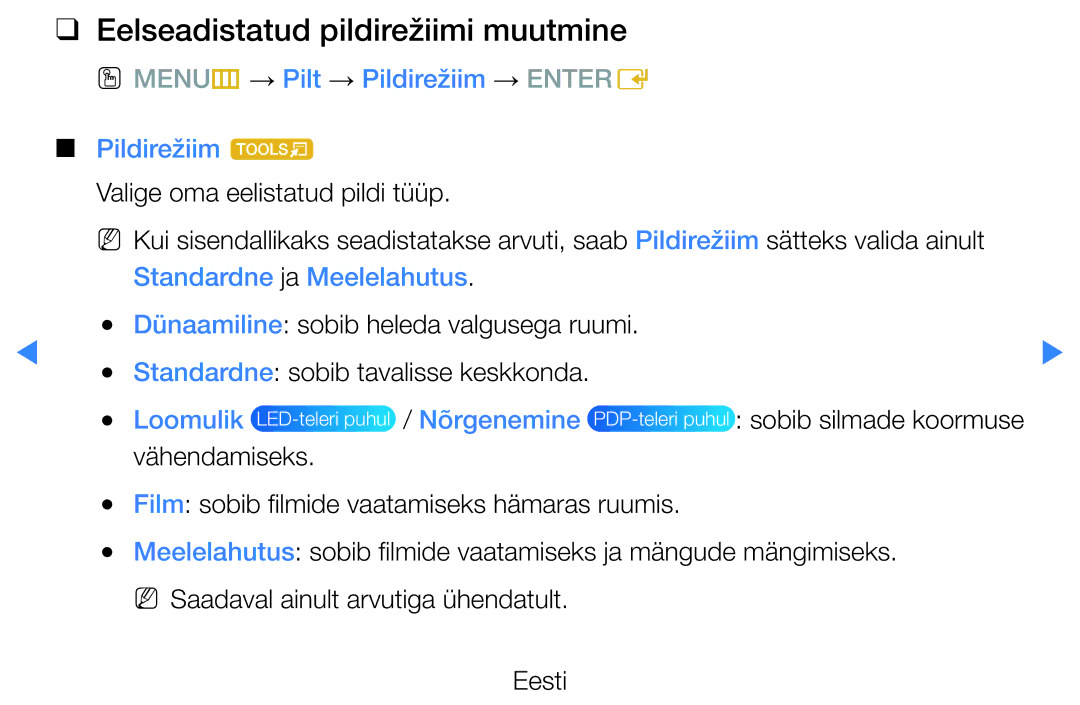 Samsung UE55D8090YSXZG manual Eelseadistatud pildirežiimi muutmine, OO MENUm → Pilt → Pildirežiim → Entere Pildirežiim t 