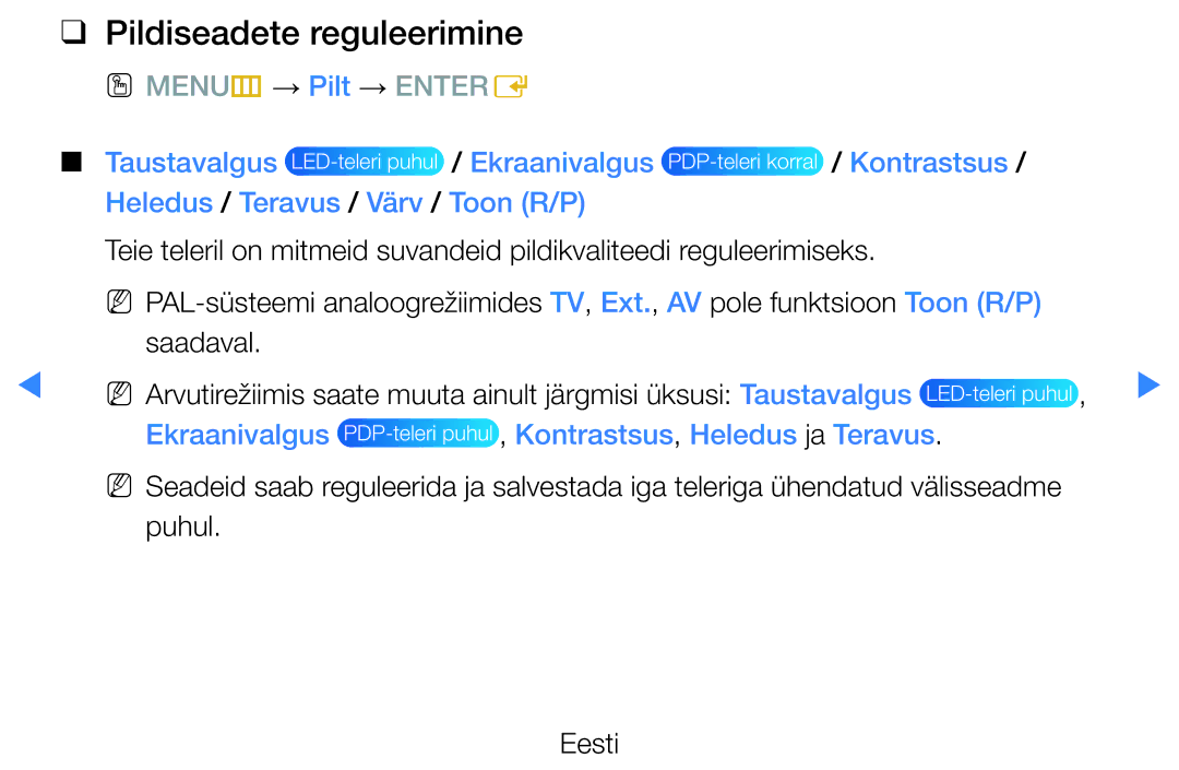 Samsung UE60D8000YSXXH, UE40D8000YSXXH manual Pildiseadete reguleerimine, Ekraanivalgus Kontrastsus, Heledus ja Teravus 