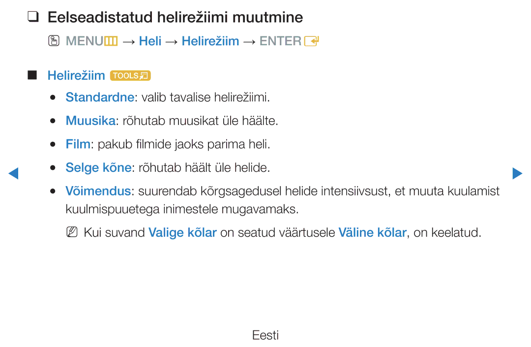 Samsung UE40D8000YSXXH manual Eelseadistatud helirežiimi muutmine, OO MENUm → Heli → Helirežiim → Entere Helirežiim t 