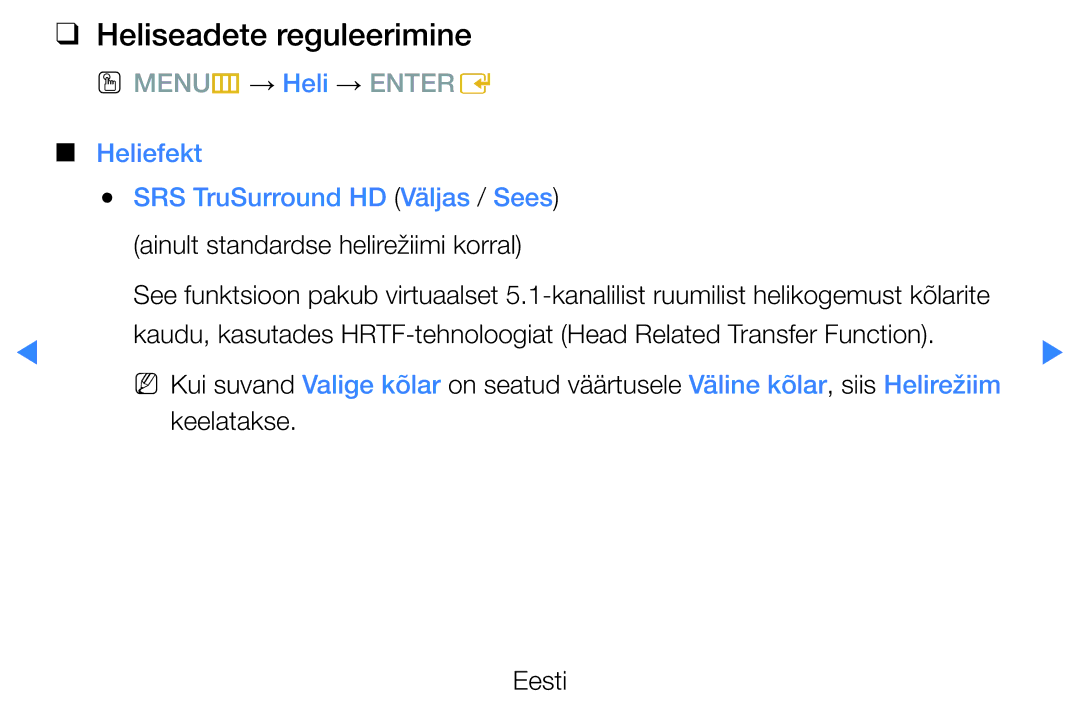 Samsung UE40D7000LSXXH, UE40D8000YSXXH manual Heliseadete reguleerimine, Heliefekt SRS TruSurround HD Väljas / Sees 