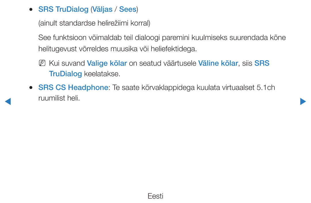 Samsung UE46D7000LSXXH, UE40D8000YSXXH, UE40D7000LSXXH, UE55D8000YSXXH, UE55D7000LSXXH manual SRS TruDialog Väljas / Sees 