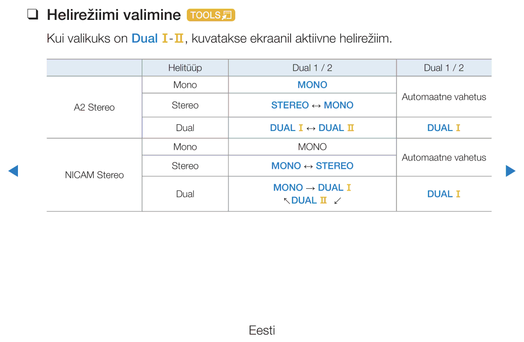 Samsung UE55D8090YSXZG, UE40D8000YSXXH, UE40D7000LSXXH, UE46D7000LSXXH, UE55D8000YSXXH, UE55D7000LSXXH Helirežiimi valimine t 