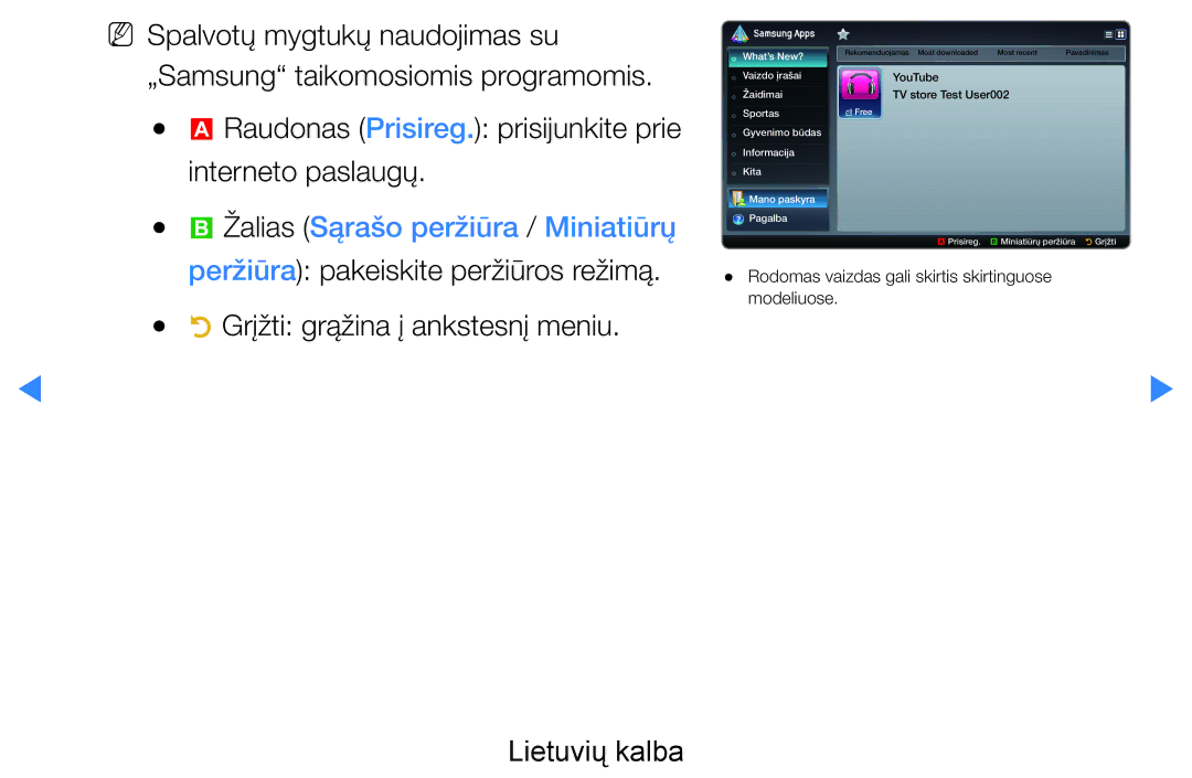 Samsung UE46D7000LSXXH manual Raudonas Prisireg. prisijunkite prie interneto paslaugų, Grįžti grąžina į ankstesnį meniu 