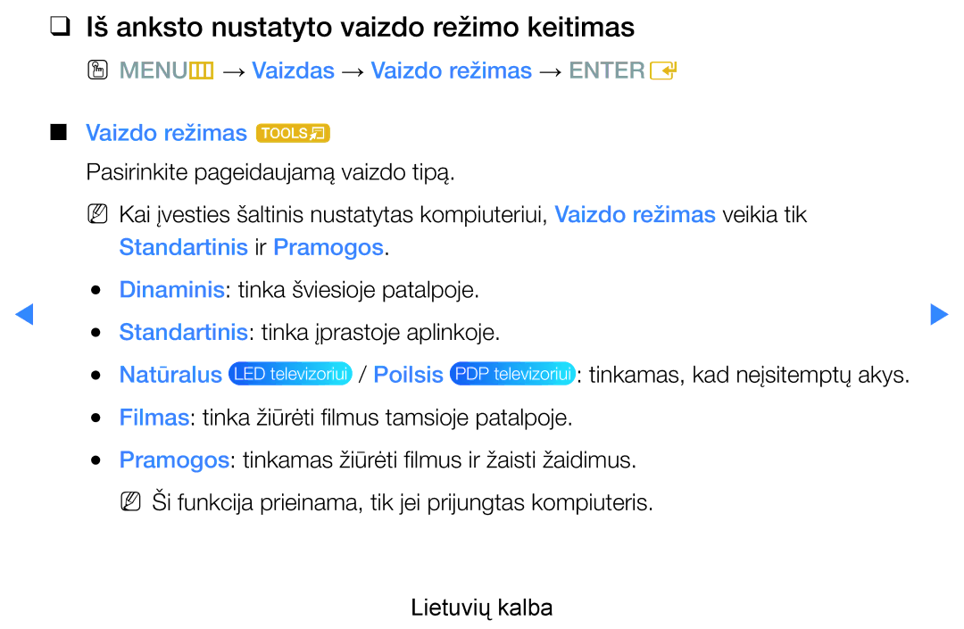 Samsung UE55D8090YSXZG manual Iš anksto nustatyto vaizdo režimo keitimas, OO MENUm → Vaizdas → Vaizdo režimas → Entere 