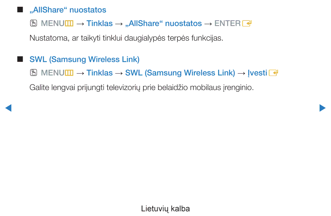 Samsung UE46D8000YSXXH manual Nustatoma, ar taikyti tinklui daugialypės terpės funkcijas, SWL Samsung Wireless Link 