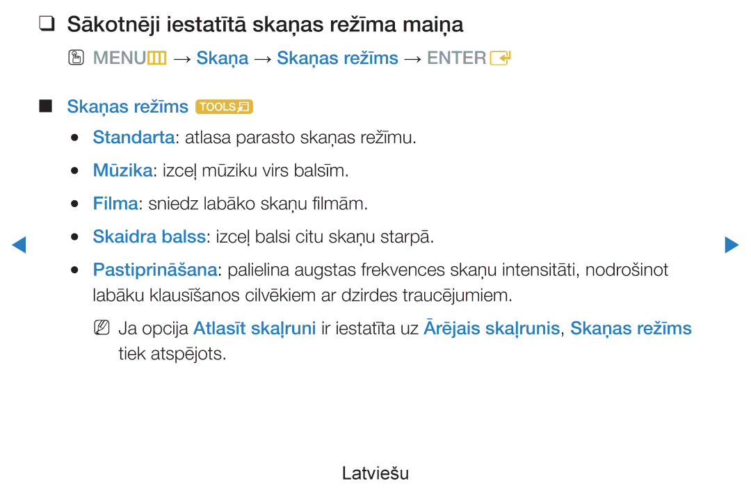 Samsung UE40D8000YSXXH Sākotnēji iestatītā skaņas režīma maiņa, OO MENUm → Skaņa → Skaņas režīms → Entere Skaņas režīms t 