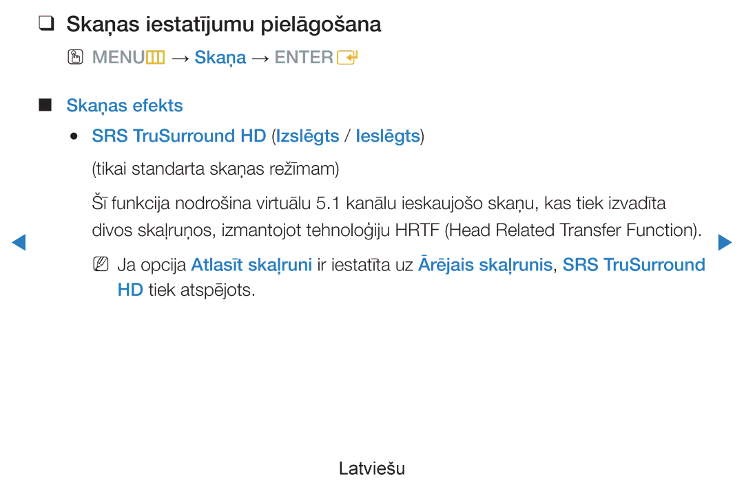 Samsung UE40D7000LSXXH manual Skaņas iestatījumu pielāgošana, Skaņas efekts SRS TruSurround HD Izslēgts / Ieslēgts 