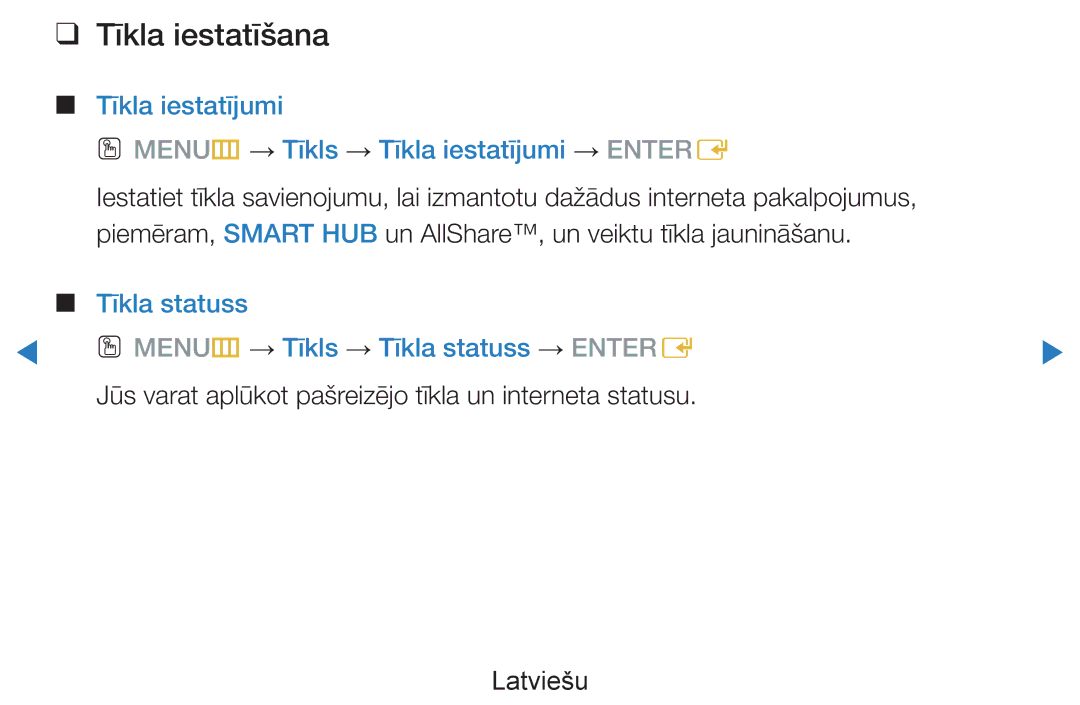 Samsung UE55D7000LSXXH, UE40D8000YSXXH manual Tīkla iestatīšana, Tīkla statuss OO MENUm → Tīkls → Tīkla statuss → Entere 