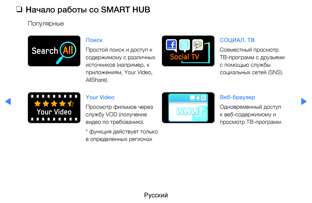 Samsung UE40D8000YSXRU, UE40D8000YSXXH, UE40D7000LSXXH, UE46D7000LSXXH, UE55D8000YSXXH Начало работы со Smart HUB, Популярные 