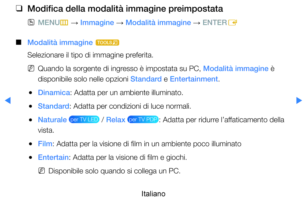 Samsung UE46D7000LSXXN Modifica della modalità immagine preimpostata, OO MENUm → Immagine → Modalità immagine → Entere 