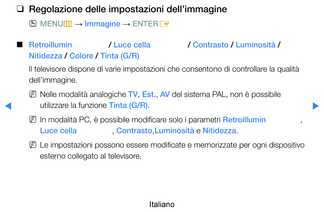 Samsung UE46D8000YSXXH, UE40D8000YSXXH manual Regolazione delle impostazioni dell’immagine, Contrasto,Luminosità e Nitidezza 