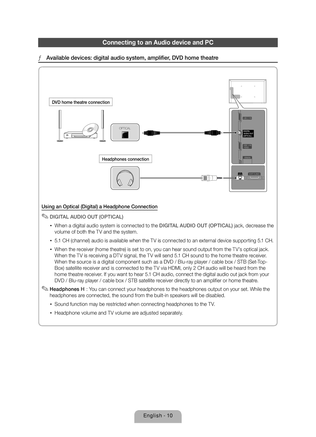 Samsung UE40D8000YSXXH manual Connecting to an Audio device and PC, Using an Optical Digital a Headphone Connection 