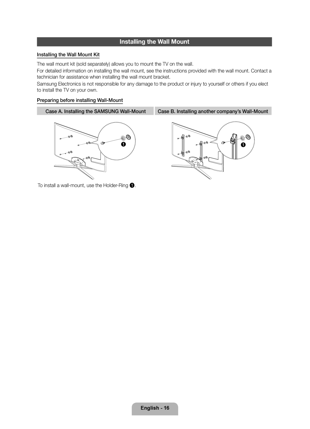 Samsung UE46D8000YSXXH, UE40D8000YSXXH, UE60D8000YSXXC, UE46D8000YSXXC, UE55D8000YSXXH manual Installing the Wall Mount 