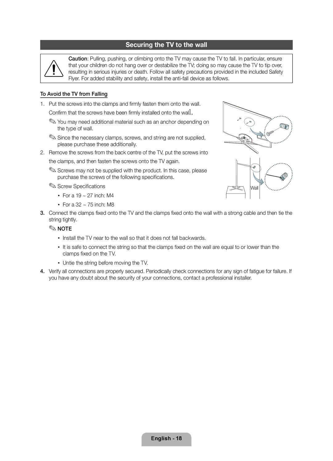 Samsung UE40D8000YSXXC, UE40D8000YSXXH, UE60D8000YSXXC manual Securing the TV to the wall, To Avoid the TV from Falling 