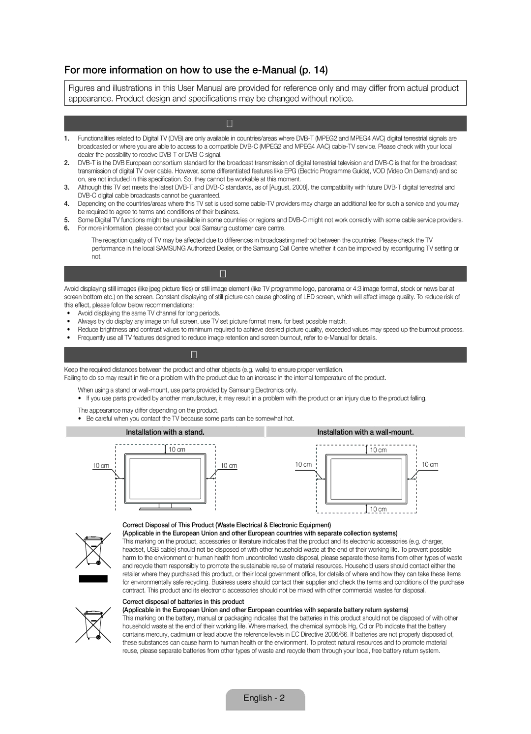 Samsung UE46D8000YSXXC, UE40D8000YSXXH manual Digital TV notice, Still image warning, Securing the Installation Space, 10 cm 