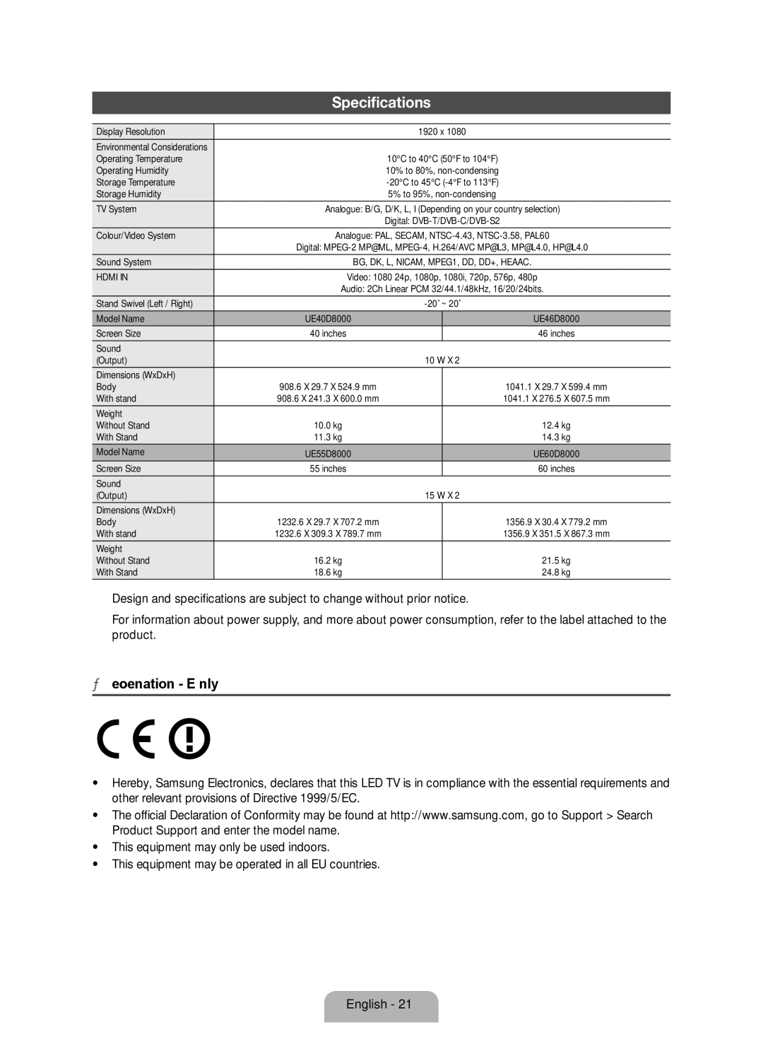 Samsung UE60D8000YSXXC, UE40D8000YSXXH, UE46D8000YSXXC, UE55D8000YSXXH, UE55D8000YSXXC, UE40D8000YSXXN manual Specifications 