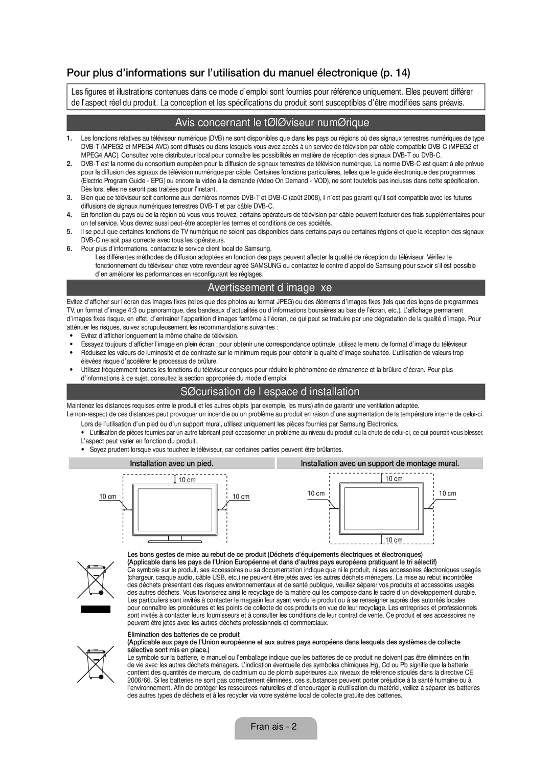 Samsung UE46D8000YSXXC, UE40D8000YSXXH, UE60D8000YSXXC Avis concernant le téléviseur numérique, Avertissement d’image fixe 