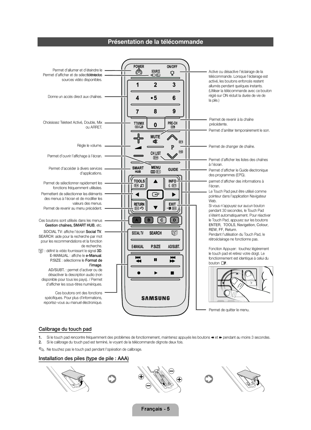 Samsung UE40D8000YSXXN Présentation de la télécommande, Calibrage du touch pad, Installation des piles type de pile AAA 