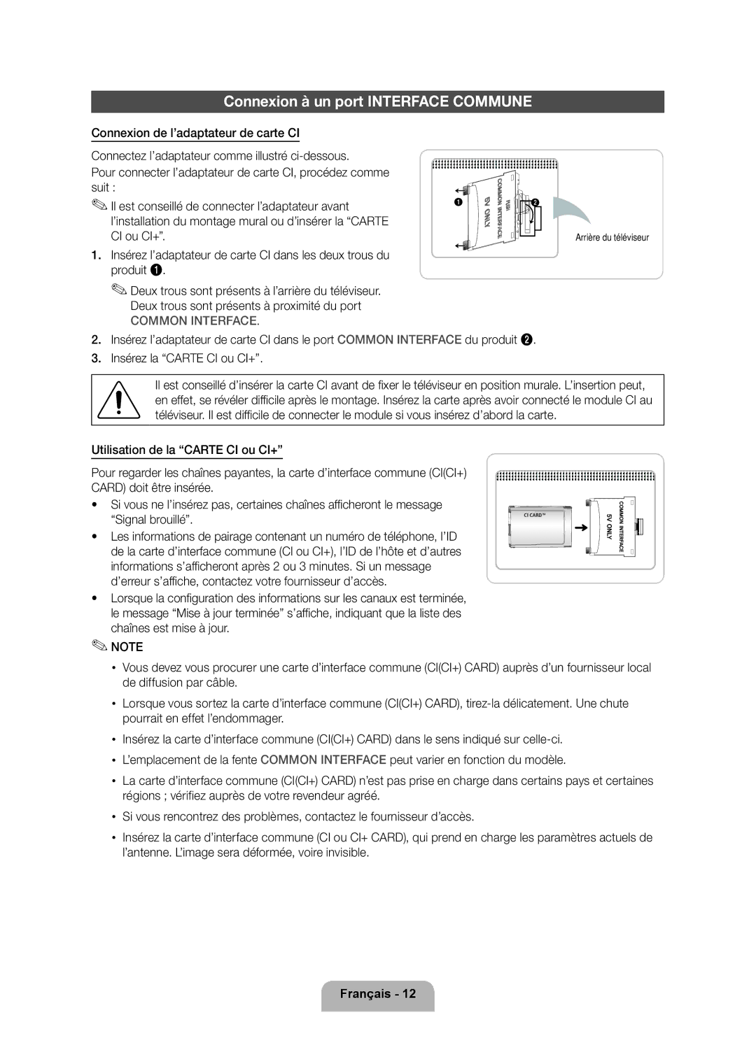 Samsung UE46D8000YSXXC manual Connexion à un port Interface Commune, Connecter le module si vous insérez d’abord la carte 