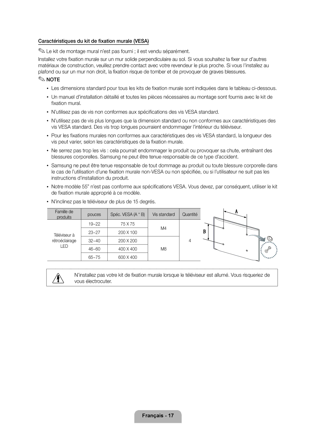 Samsung UE40D8000YSXZF, UE40D8000YSXXH, UE60D8000YSXXC, UE46D8000YSXXC, UE55D8000YSXXH, UE55D8000YSXXC manual Vous électrocuter 