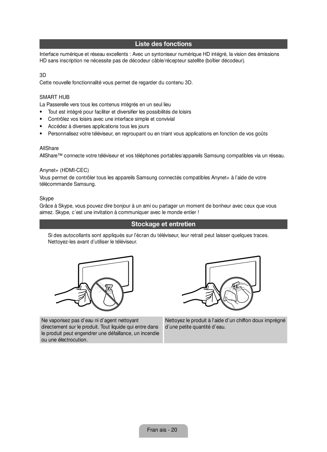 Samsung UE40D8000YSXXH, UE60D8000YSXXC, UE46D8000YSXXC, UE55D8000YSXXH manual Liste des fonctions, Stockage et entretien 