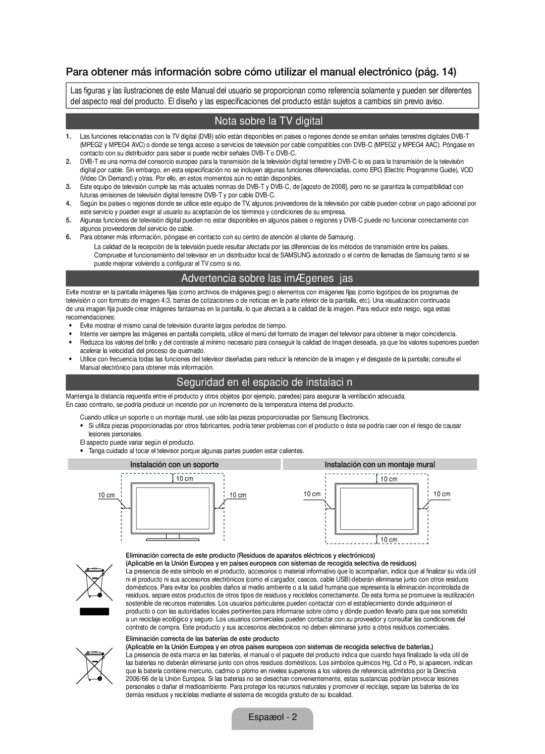 Samsung UE46D8000YSXXC, UE40D8000YSXXH, UE60D8000YSXXC manual Nota sobre la TV digital, Advertencia sobre las imágenes fijas 