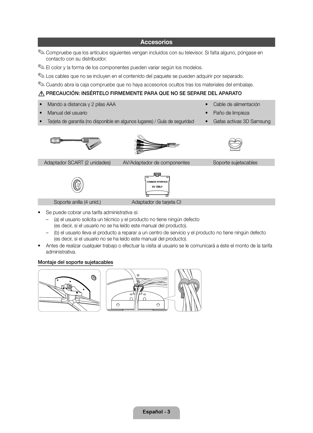 Samsung UE55D8000YSXXH manual Accesorios, Adaptador Scart 2 unidades AV/Adaptador de componentes, Soporte anilla 4 unid 