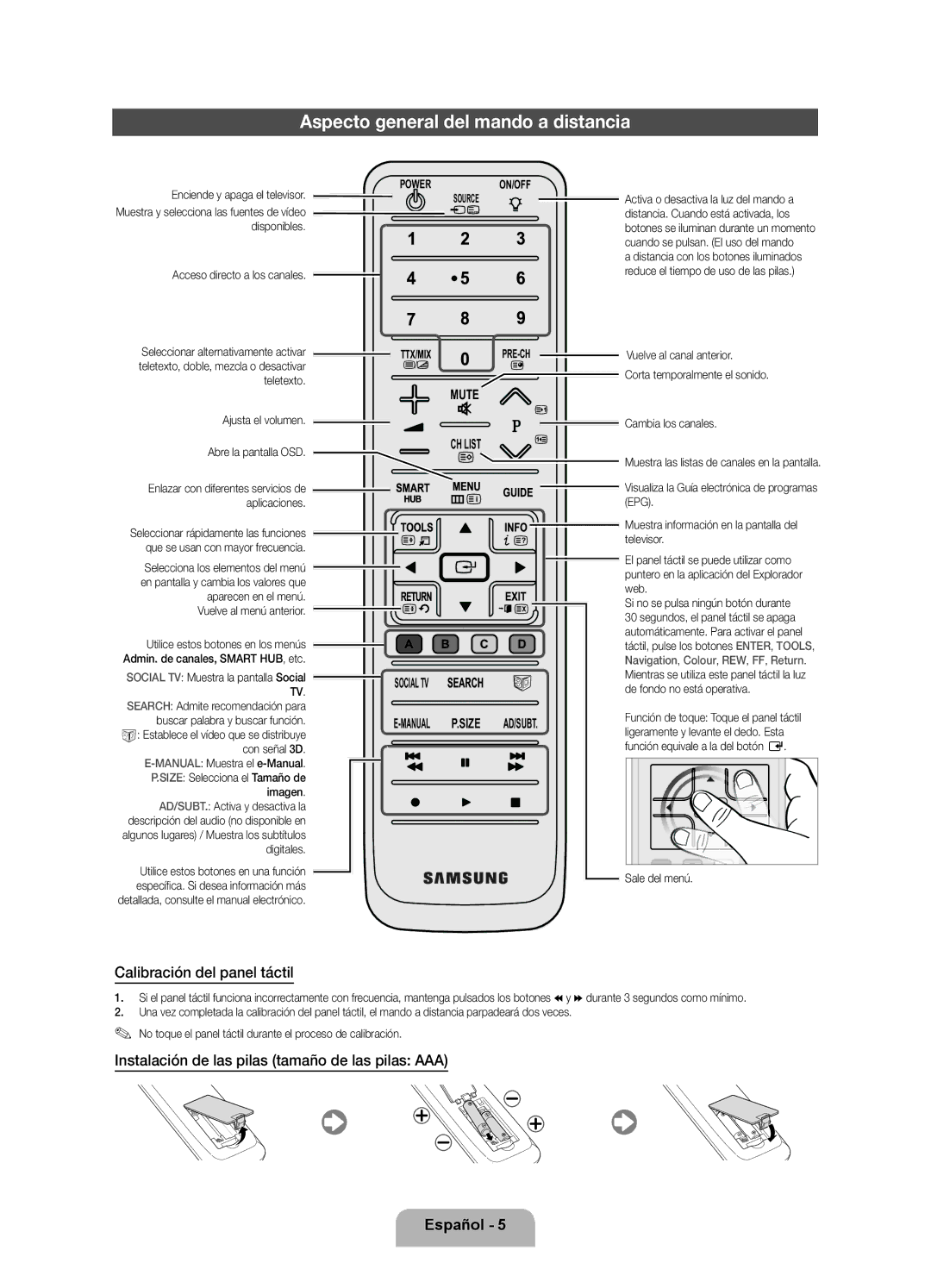 Samsung UE40D8000YSXXN, UE40D8000YSXXH, UE60D8000YSXXC Aspecto general del mando a distancia, Calibración del panel táctil 