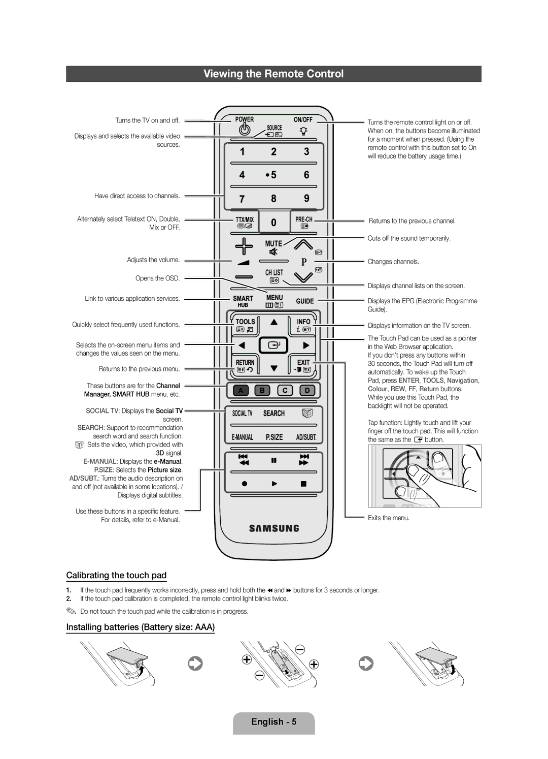 Samsung UE40D8000YSXXN manual Viewing the Remote Control, Calibrating the touch pad, Installing batteries Battery size AAA 